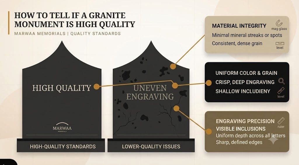 Side-by-side comparison of a high-quality granite headstone versus one with uneven engraving and visible inclusions