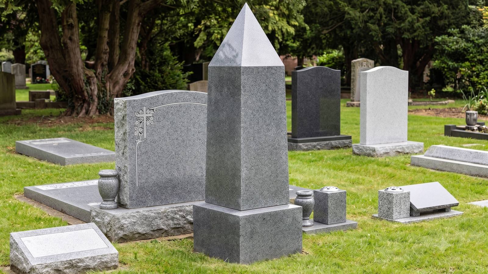 Grey granite obelisk and upright headstones with sandblasted lettering in a traditional cemetery setting