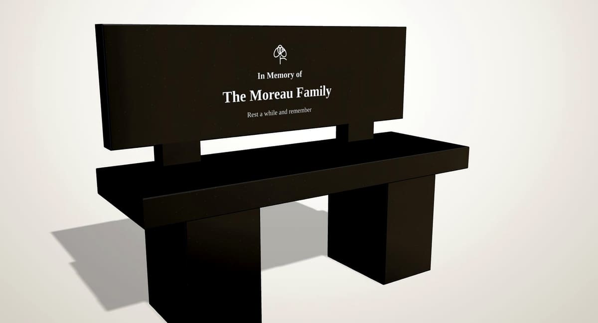 Black polished granite memorial bench with backrest and engraved inscription, rendered in 3D