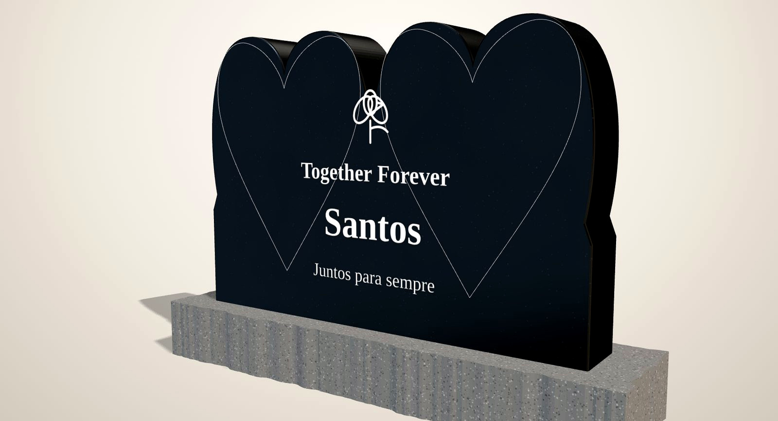 Black granite double-heart companion headstone with etched heart borders and inscription