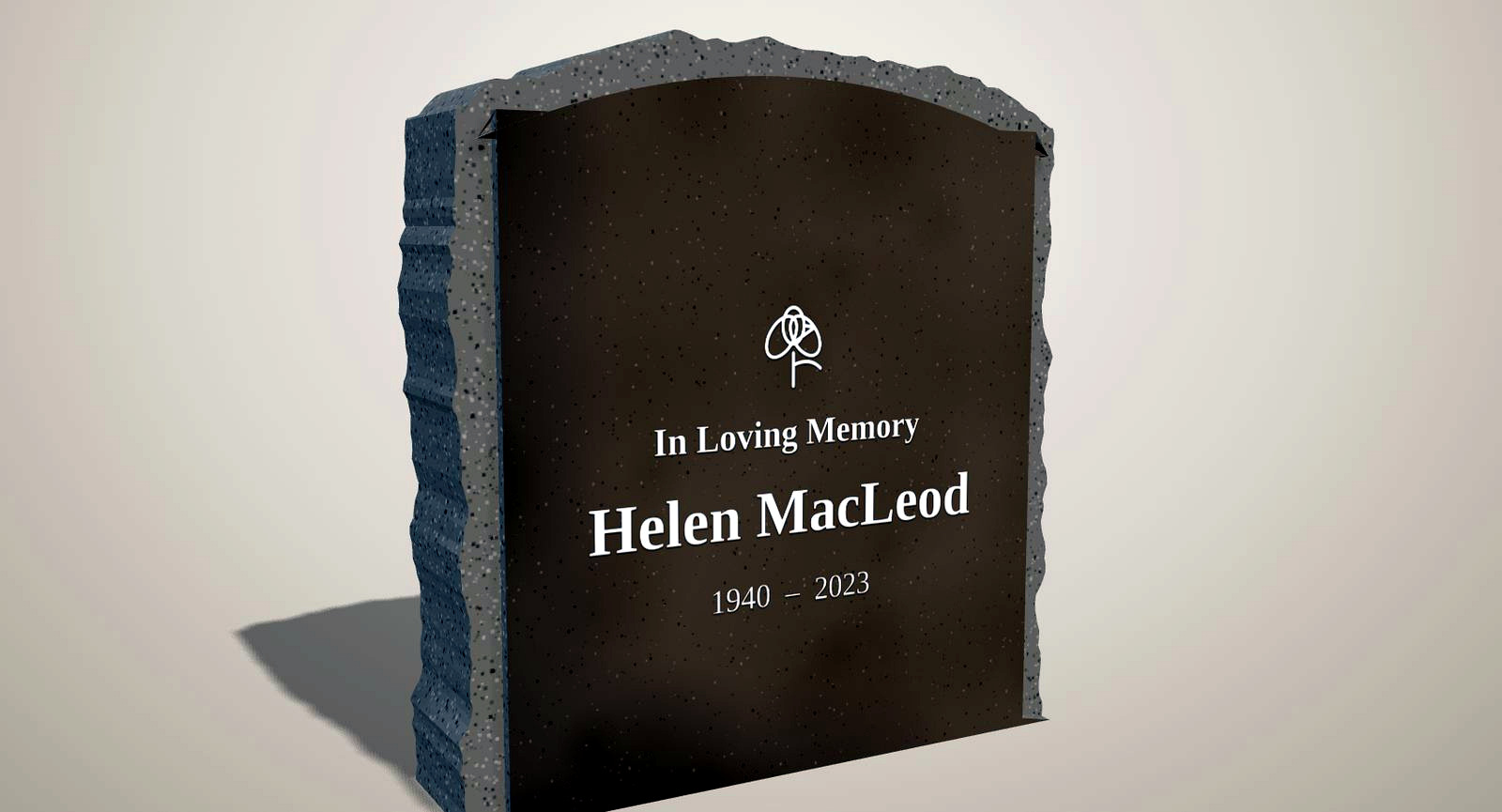 Dark grey granite headstone with rock-pitched top and sides, rendered in 3D