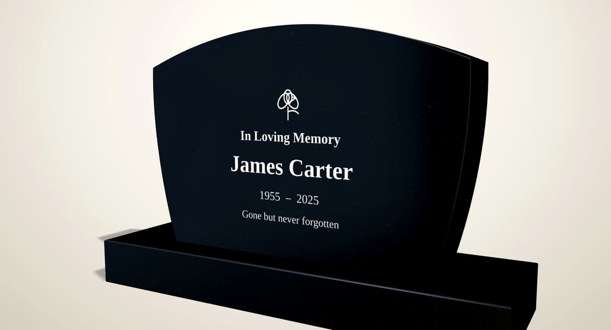 Black granite swoop-shaped headstone on a polished base, rendered in 3D