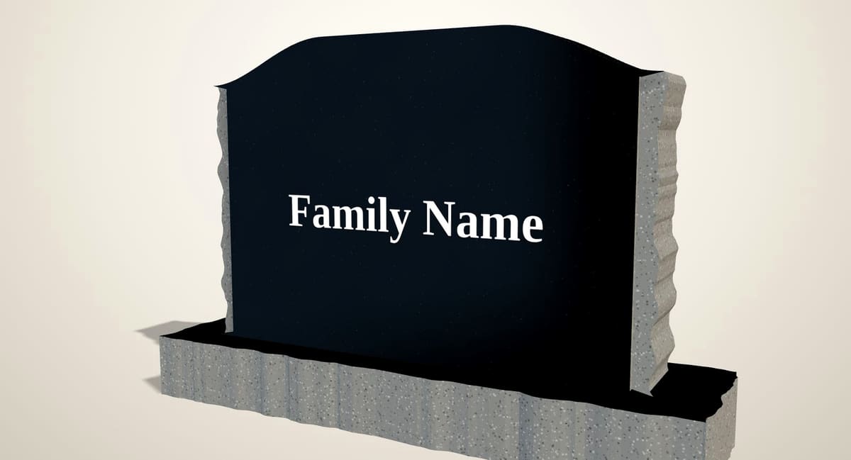 Black granite serpentine monument with rock-pitched sides on a polished base, rendered in 3D