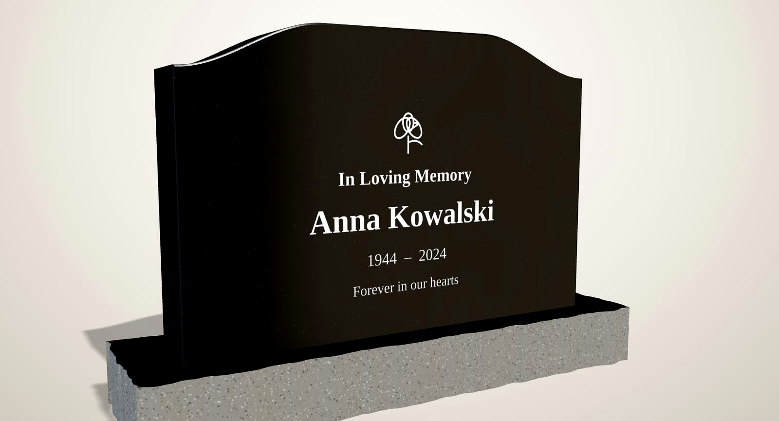 Polished black granite serpentine upright headstone on a rock-pitched base, three-quarter view