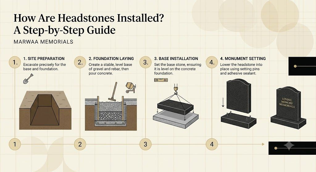Infographic showing the steps of installing a granite headstone