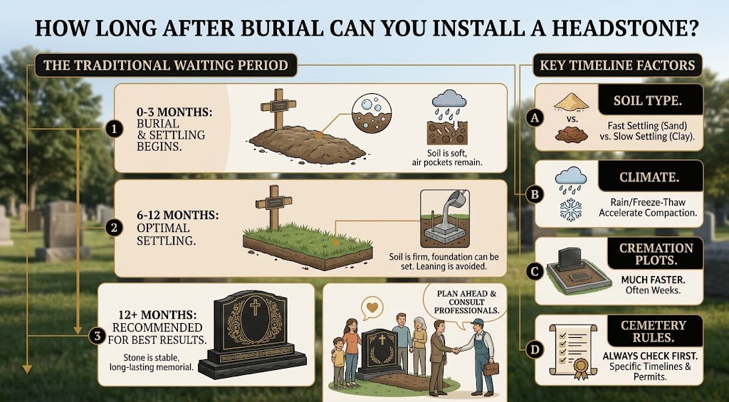 Infographic on how long after burial you can install a headstone, showing the traditional waiting period timeline and key timeline factors like soil type and climate