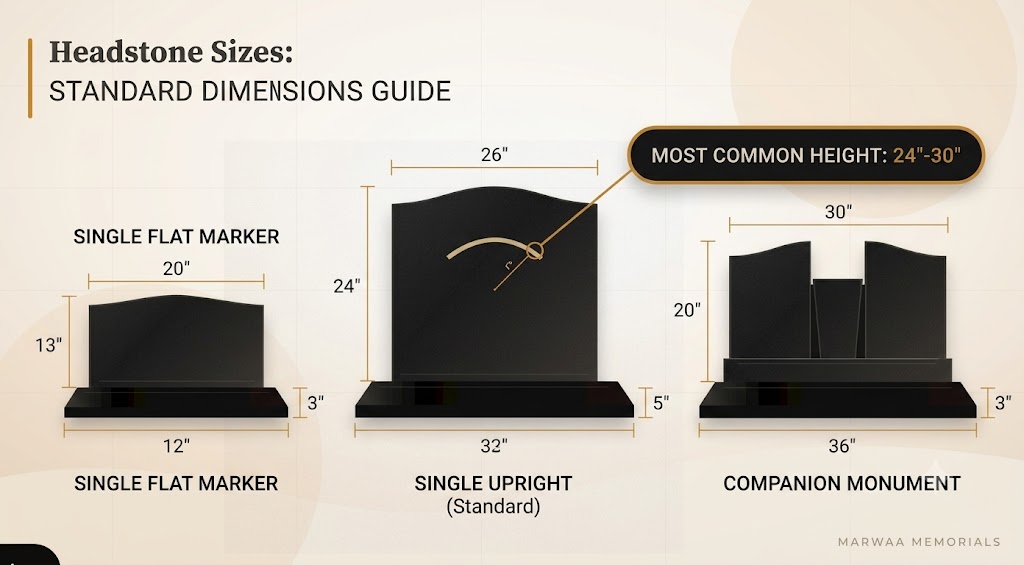 Standard headstone dimensions guide showing measurements for a single flat marker, single upright headstone, and companion monument