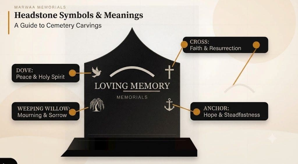 Granite headstone engraved with a cross and religious symbols