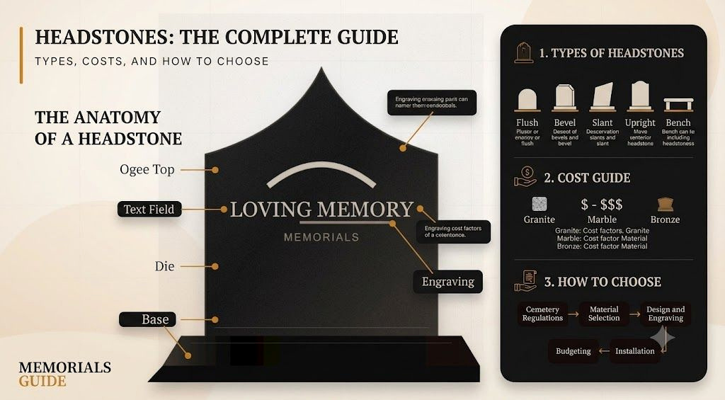Infographic overview of headstone types, materials and buying steps