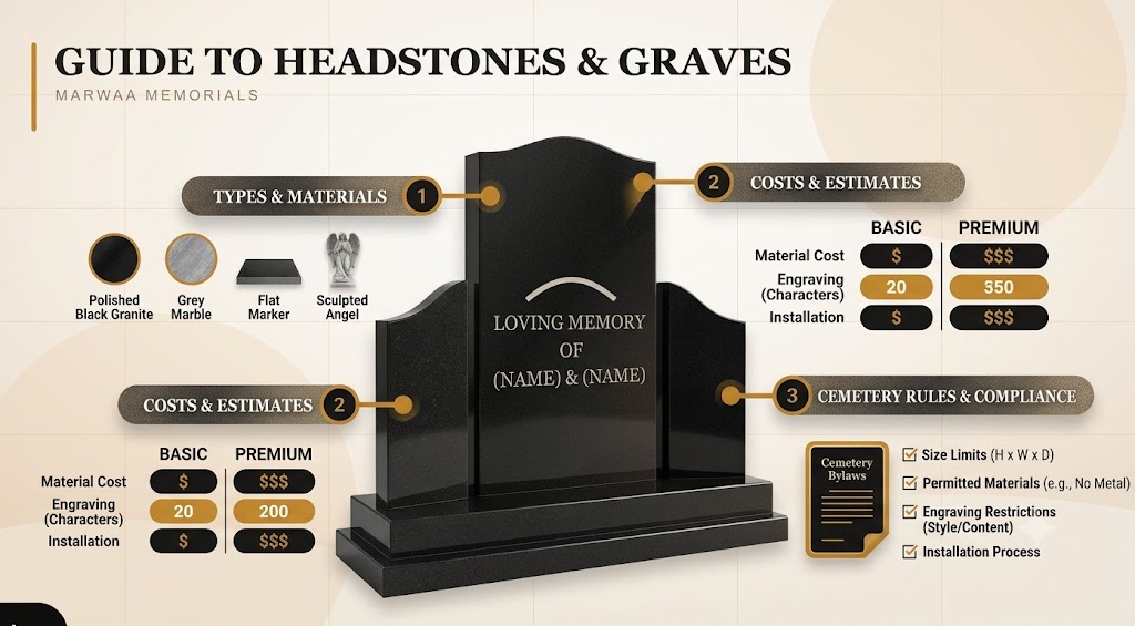 Infographic guide to headstones and graves covering types and materials, costs and estimates, and cemetery rules and compliance