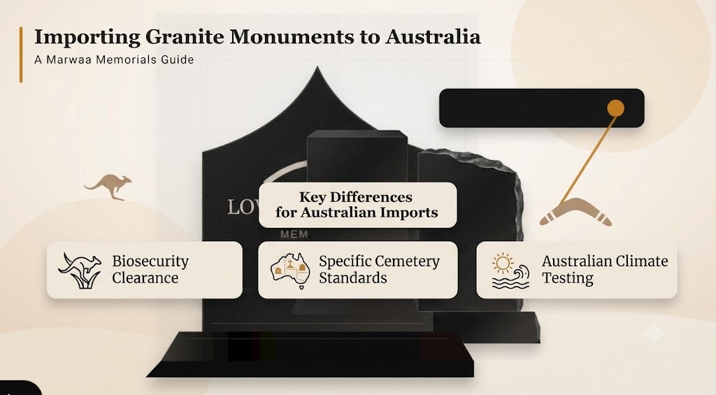 Importing granite monuments to Australia infographic highlighting biosecurity clearance, specific cemetery standards, and Australian climate testing