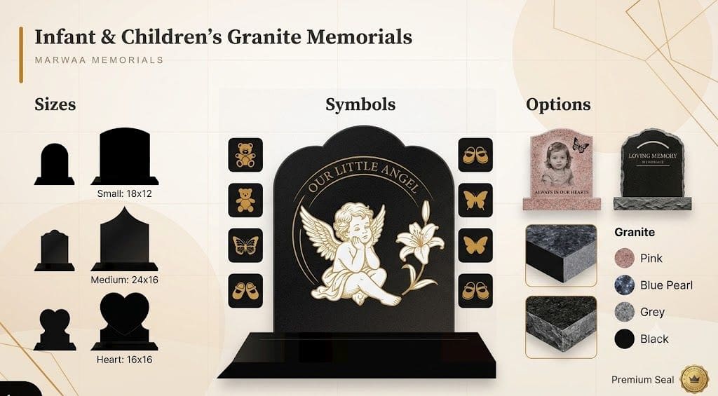 Infant and children's granite memorial infographic showing available sizes, symbols like teddy bears and butterflies, and granite color options