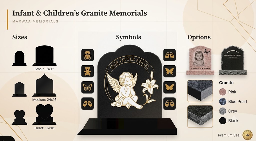 Infant and children's granite memorial infographic showing available sizes, symbols like teddy bears and butterflies, and granite color options