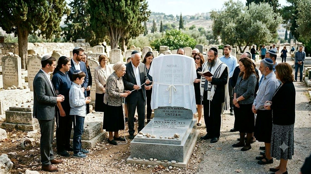 Family gathered at a granite headstone unveiling ceremony