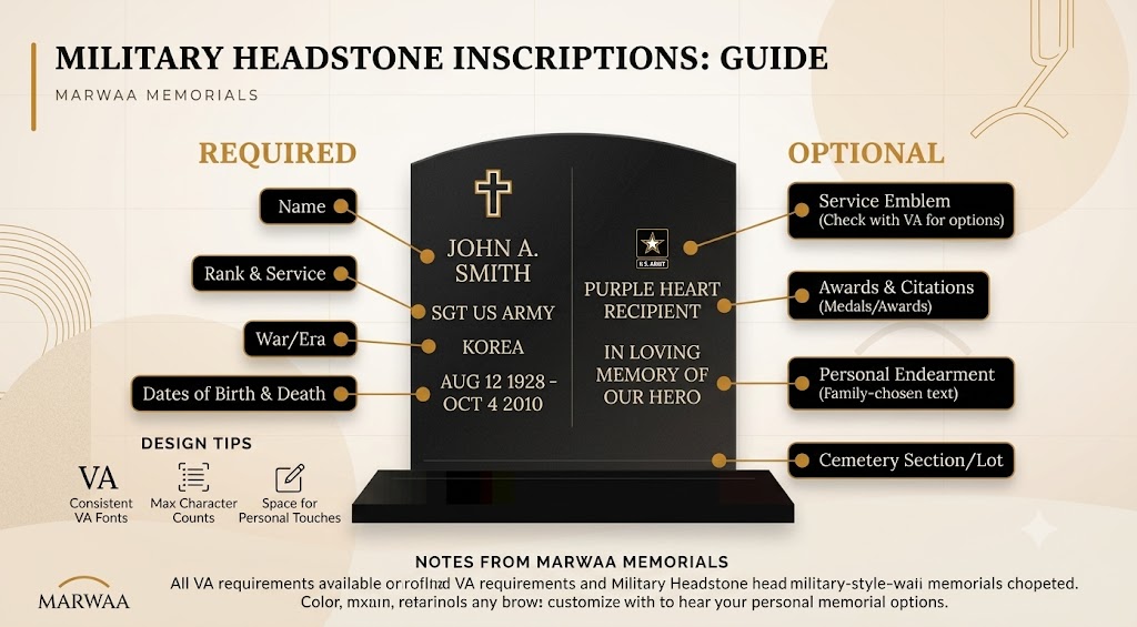 Military headstone inscriptions guide infographic showing required elements like name, rank, and dates alongside optional additions like service emblem and awards