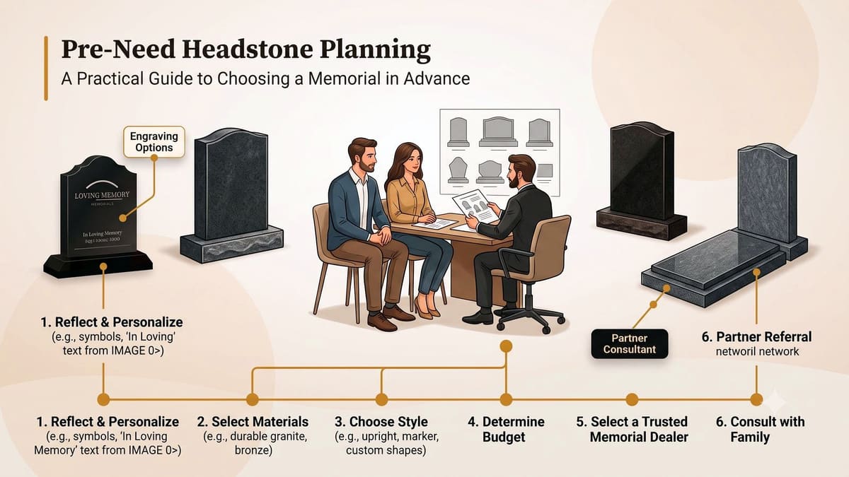 Couple reviewing a granite companion memorial design during pre-need planning