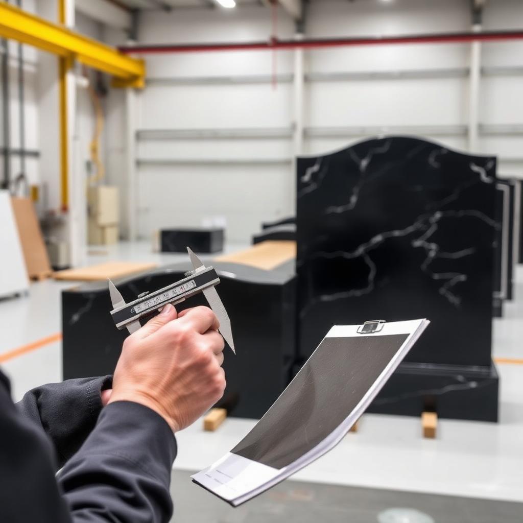 Quality control inspector measuring a black granite headstone with calipers in a clean factory bay